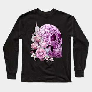 Purple Floral Sugar Skull Day Of The Dead Pink Flowers Long Sleeve T-Shirt